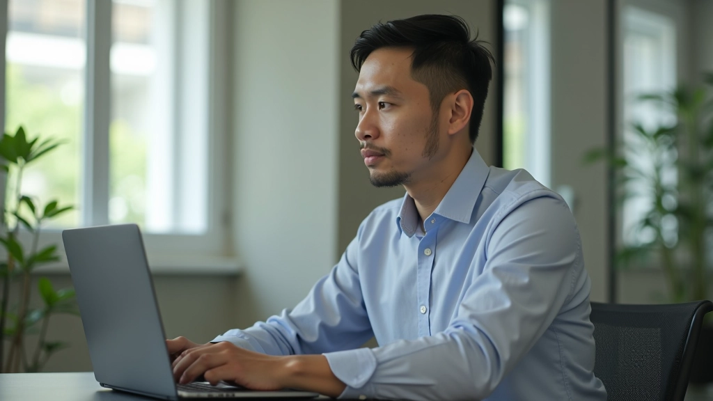 Professional man in casual office wear attending online training course on laptop, notebook on desk