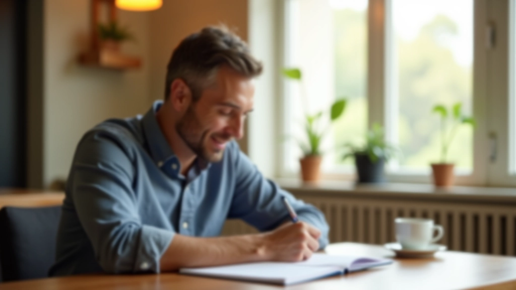 Person writing in journal at wooden desk with coffee cup and desk lamp in morning light