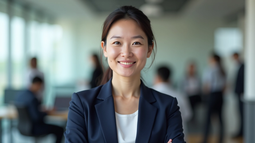 Professional woman in business attire at networking event, speaking with colleagues in modern office space